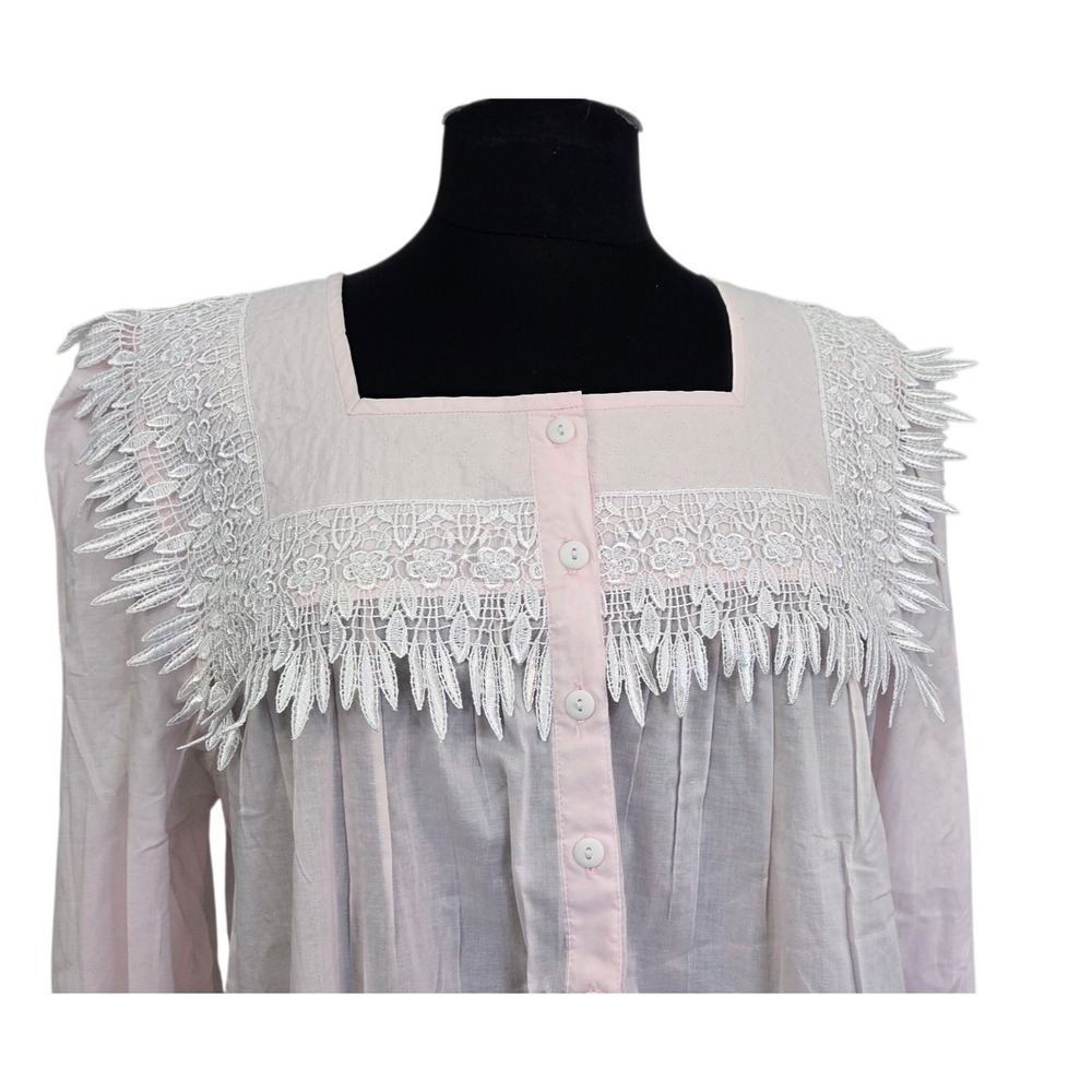 Vintage Inspired Pink Long Sleeve 100% Cotton Nightgown Pajamas Lace Yolk Size S